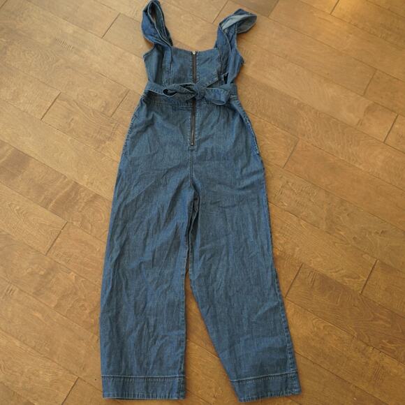 Free People Sun‎ Valley Jumpsuit Womens Size 6 Blue Denim Tie Wasit Zip Front - Picture 2 of 6